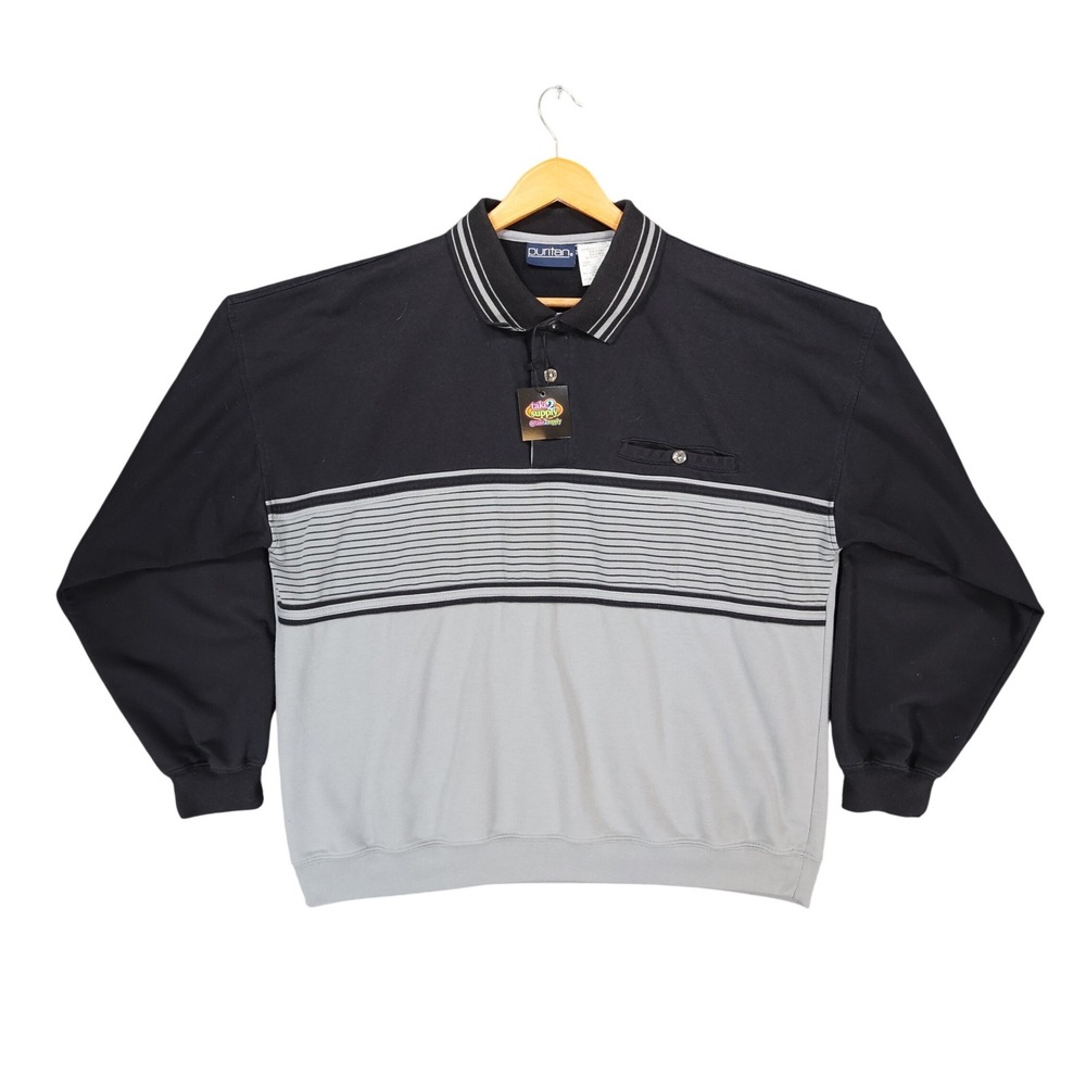 Puritan Long Sleeve Polo‎ Shirt Mens Medium Black Gray Cotton Colorblock Retro
